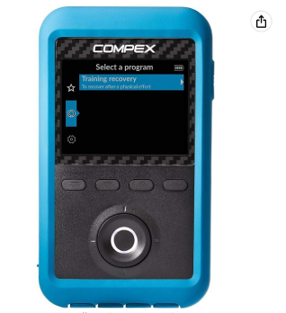 A blue cell phone with the word compex on it.