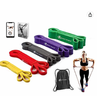 A set of resistance bands with a phone and a backpack.