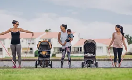 A group of women are walking with their baby strollers in a park.