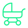 A green baby carriage icon on a white background.