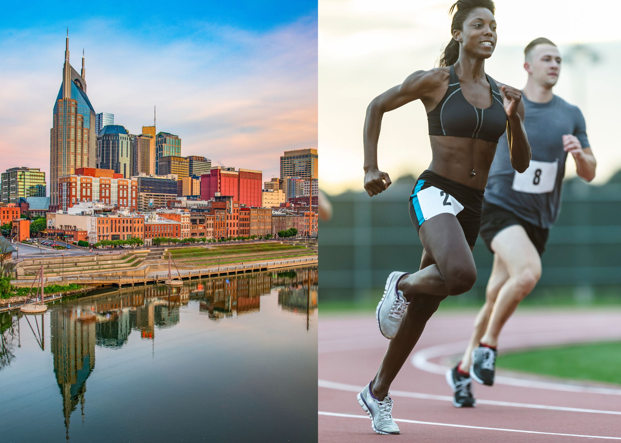 The image is divided into two parts: the left side shows a cityscape of downtown Nashville with buildings reflecting in a river, and the right side shows two athletes, a woman and a man, running on a track during a race.