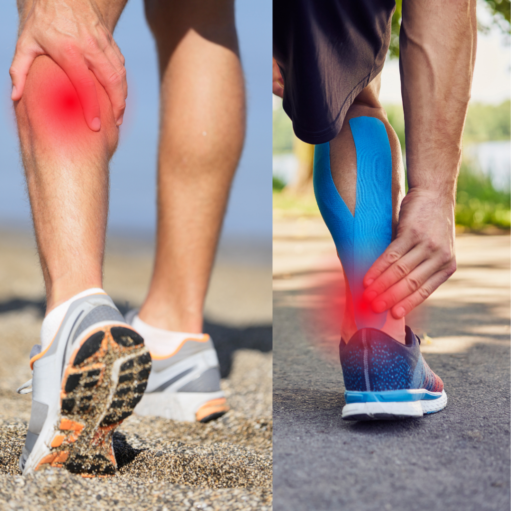 Left: A person clutching their calf in pain, with a red highlight indicating discomfort. Right: A person applying blue kinesiology tape to their ankle, also showing pain with a red highlight. Both images focus on leg pain and relief methods.